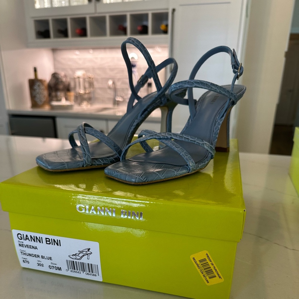 Gianni Bini Neveena Leather Square Toe Strappy Dress Sandals (Thunder Blue)